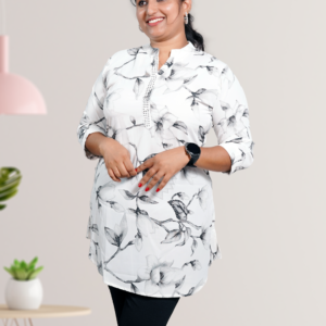 White and Black Printed Chinese Collar Kurti