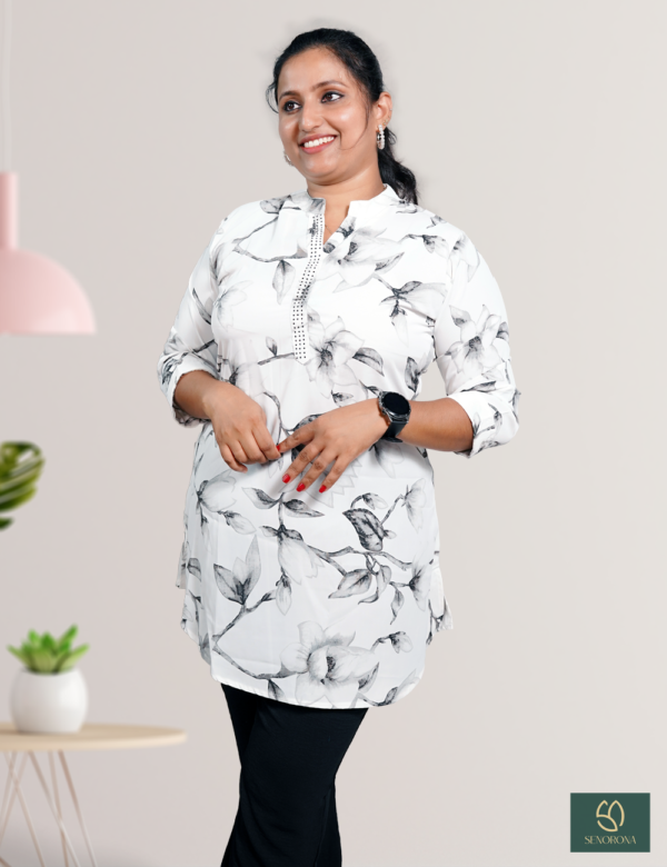 White and Black Printed Chinese Collar Kurti