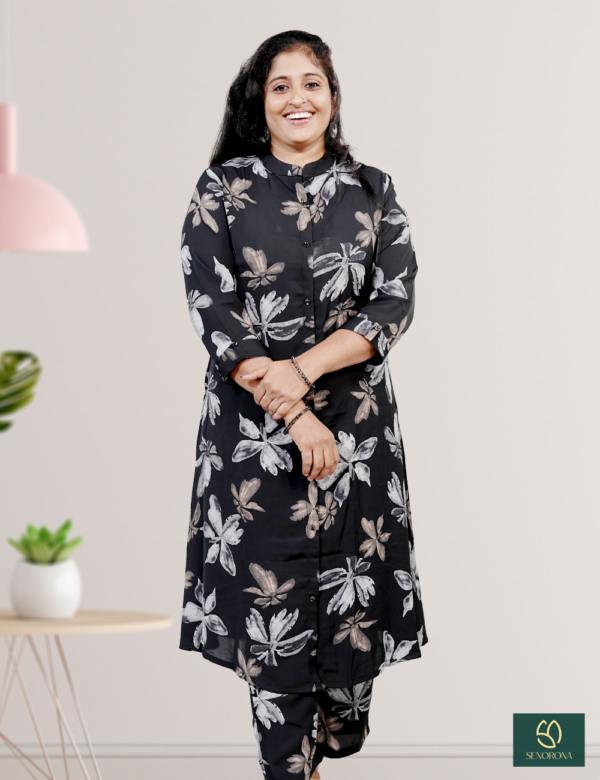 Black floral A-Line Kurti with side pockets